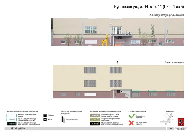 Архитектурная концепция размещения вывесок — Руставели улица, 14, стр. 11, Москва, лист 1 из 5 · Документ по адресу · Архитектурно-художественная концепция · 2020 год