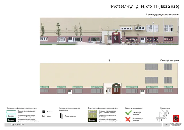 Архитектурная концепция размещения вывесок — Руставели улица, 14, стр. 11, Москва, лист 2 из 5 · Документ по адресу · Архитектурно-художественная концепция · 2020 год