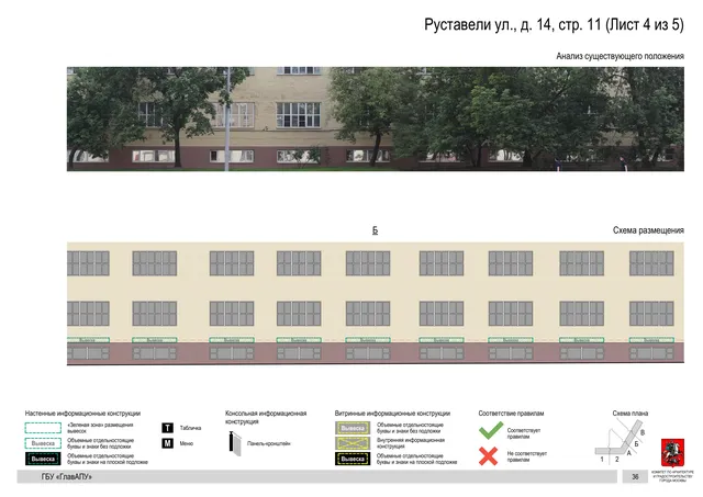 Архитектурная концепция размещения вывесок — Руставели улица, 14, стр. 11, Москва, лист 4 из 5 · Документ по адресу · Архитектурно-художественная концепция · 2020 год