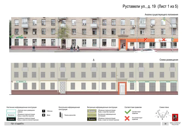 Архитектурная концепция размещения вывесок — Руставели улица, 19, Москва, лист 1 из 5 · Документ по адресу · Архитектурно-художественная концепция · 2020 год