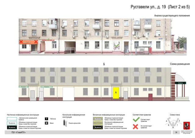 Архитектурная концепция размещения вывесок — Руставели улица, 19, Москва, лист 2 из 5 · Документ по адресу · Архитектурно-художественная концепция · 2020 год