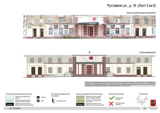 Архитектурная концепция размещения вывесок — Руставели улица, 19, Москва, лист 3 из 5 · Документ по адресу · Архитектурно-художественная концепция · 2020 год
