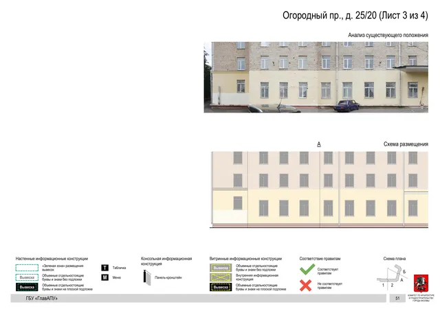 Архитектурная концепция размещения вывесок — Огородный, 25/20, Москва, лист 3 из 4 · Документ по адресу · Архитектурно-художественная концепция · 2020 год