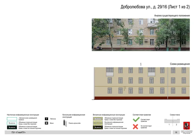 Архитектурная концепция размещения вывесок — Добролюбова улица, 29/16, Москва, лист 1 из 2 · Документ по адресу · Архитектурно-художественная концепция · 2020 год