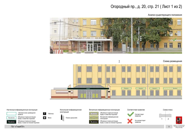 Архитектурная концепция размещения вывесок — Огородный, 20, стр. 21, Москва, лист 1 из 2 · Документ по адресу · Архитектурно-художественная концепция · 2020 год