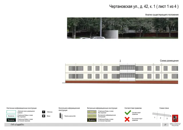 Архитектурная концепция размещения вывесок — Чертановская улица, 42, корп. 1, Москва, лист 1 из 4 · Документ по адресу · Архитектурно-художественная концепция · 2016 год