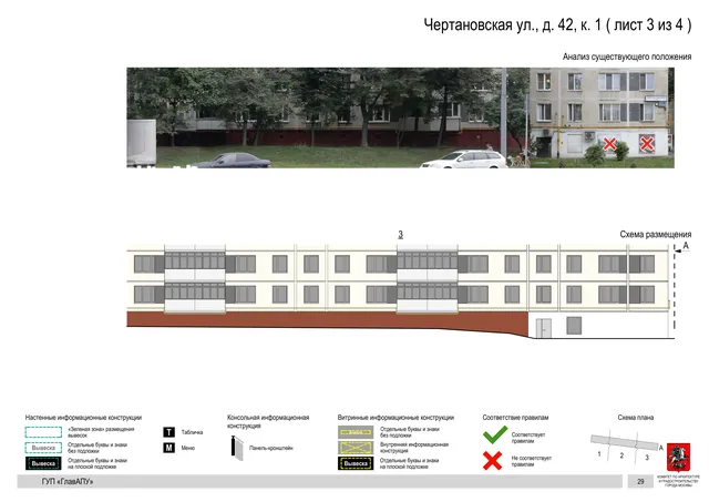 Архитектурная концепция размещения вывесок — Чертановская улица, 42, корп. 1, Москва, лист 3 из 4 · Документ по адресу · Архитектурно-художественная концепция · 2016 год