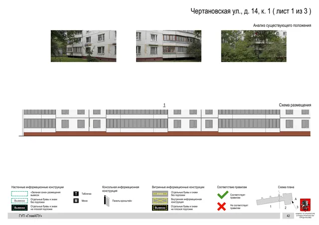 Архитектурная концепция размещения вывесок — Чертановская улица, 14, корп. 1, Москва, лист 1 из 3 · Документ по адресу · Архитектурно-художественная концепция · 2016 год