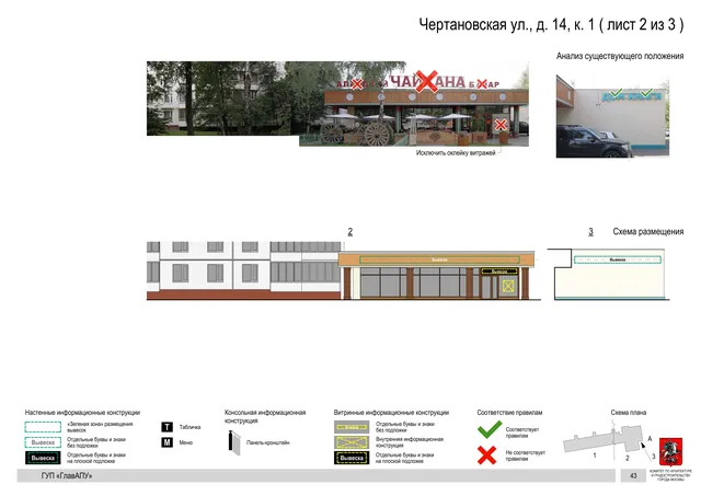 Архитектурная концепция размещения вывесок — Чертановская улица, 14, корп. 1, Москва, лист 2 из 3 · Документ по адресу · Архитектурно-художественная концепция · 2016 год