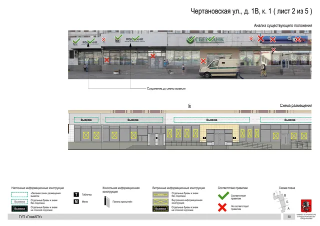 Архитектурная концепция размещения вывесок — Чертановская улица, 1В, корп. 1, Москва, лист 2 из 5 · Документ по адресу · Архитектурно-художественная концепция · 2016 год