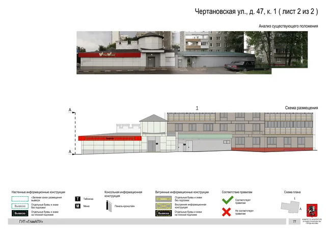 Архитектурная концепция размещения вывесок — Чертановская улица, 47, корп. 1, Москва, лист 2 из 2 · Документ по адресу · Архитектурно-художественная концепция · 2016 год