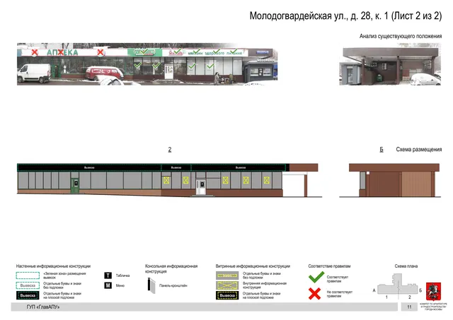 Архитектурная концепция размещения вывесок — Молодогвардейская улица, 28, корп. 1, Москва, лист 2 из 2 · Документ по адресу · Архитектурно-художественная концепция · 2016 год