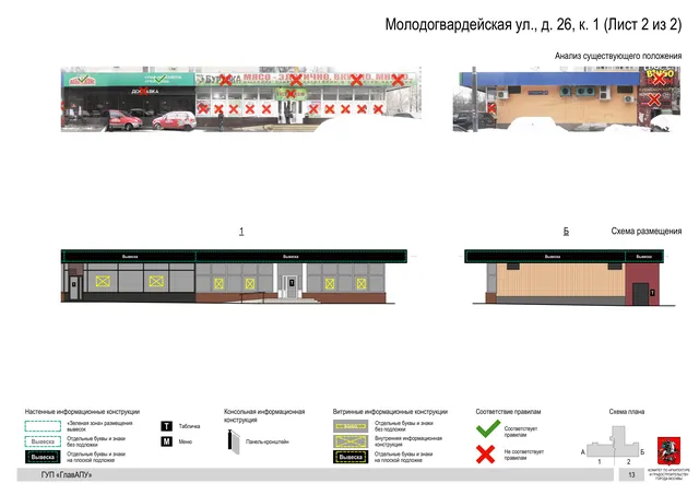 Архитектурная концепция размещения вывесок — Молодогвардейская улица, 26, корп. 1, Москва, лист 2 из 2 · Документ по адресу · Архитектурно-художественная концепция · 2016 год