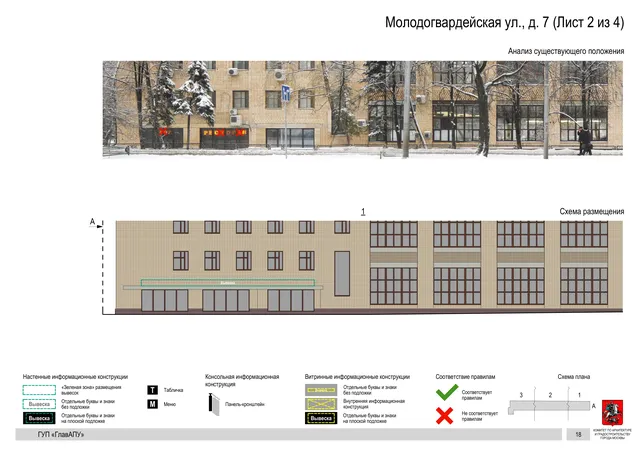 Архитектурная концепция размещения вывесок — Молодогвардейская улица, 7, Москва, лист 2 из 4 · Документ по адресу · Архитектурно-художественная концепция · 2016 год