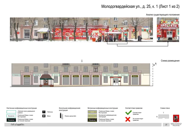 Архитектурная концепция размещения вывесок — Молодогвардейская улица, 25, корп. 1, Москва, лист 1 из 2 · Документ по адресу · Архитектурно-художественная концепция · 2016 год