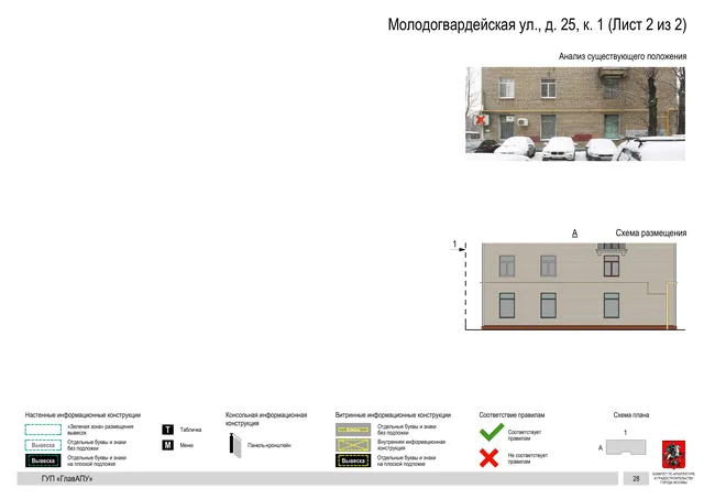 Архитектурная концепция размещения вывесок — Молодогвардейская улица, 25, корп. 1, Москва, лист 2 из 2 · Документ по адресу · Архитектурно-художественная концепция · 2016 год