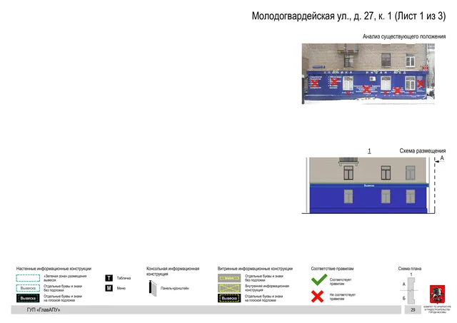 Архитектурная концепция размещения вывесок — Молодогвардейская улица, 27, корп. 1, Москва, лист 1 из 3 · Документ по адресу · Архитектурно-художественная концепция · 2016 год