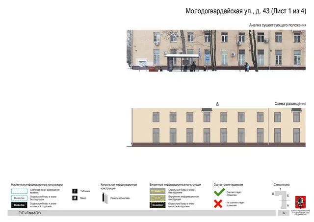 Архитектурная концепция размещения вывесок — Молодогвардейская улица, 43, Москва, лист 1 из 4 · Документ по адресу · Архитектурно-художественная концепция · 2016 год