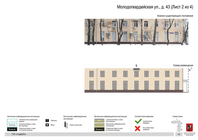 Архитектурная концепция размещения вывесок — Молодогвардейская улица, 43, Москва, лист 2 из 4 · Документ по адресу · Архитектурно-художественная концепция · 2016 год