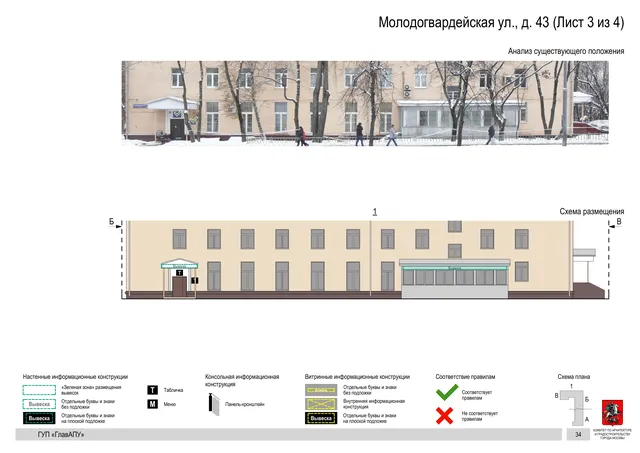 Архитектурная концепция размещения вывесок — Молодогвардейская улица, 43, Москва, лист 3 из 4 · Документ по адресу · Архитектурно-художественная концепция · 2016 год