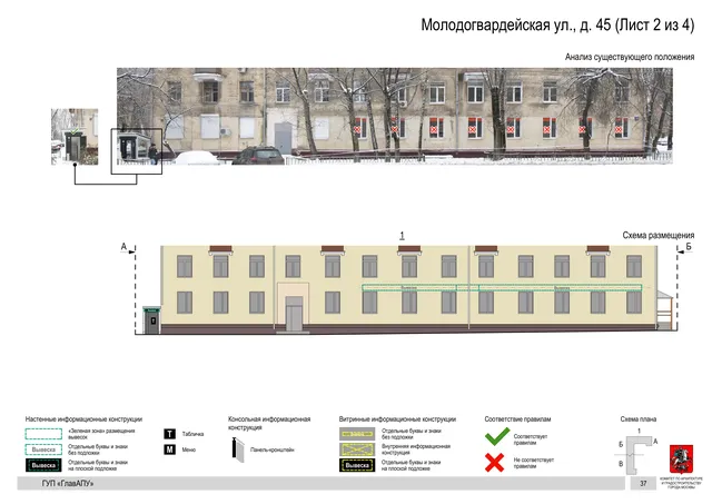 Архитектурная концепция размещения вывесок — Молодогвардейская улица, 45, Москва, лист 2 из 4 · Документ по адресу · Архитектурно-художественная концепция · 2016 год