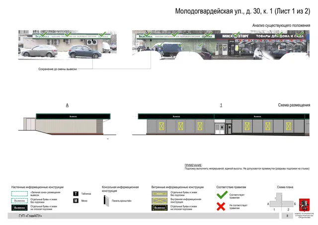 Архитектурная концепция размещения вывесок — Молодогвардейская улица, 30, корп. 1, Москва, лист 1 из 2 · Документ по адресу · Архитектурно-художественная концепция · 2016 год