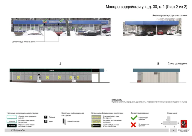 Архитектурная концепция размещения вывесок — Молодогвардейская улица, 30, корп. 1, Москва, лист 2 из 2 · Документ по адресу · Архитектурно-художественная концепция · 2016 год