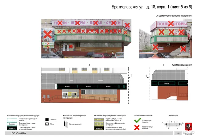 Архитектурная концепция размещения вывесок — Братиславская улица, 18, корп. 1, Москва, лист 5 из 6 · Документ по адресу · Архитектурно-художественная концепция · 2016 год