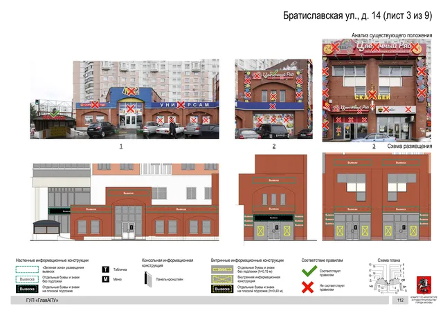 Архитектурная концепция размещения вывесок — Братиславская улица, 14, Москва, лист 3 из 9 · Документ по адресу · Архитектурно-художественная концепция · 2016 год
