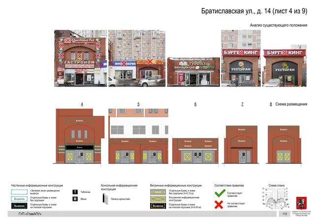 Архитектурная концепция размещения вывесок — Братиславская улица, 14, Москва, лист 4 из 9 · Документ по адресу · Архитектурно-художественная концепция · 2016 год