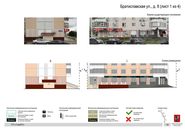 Архитектурная концепция размещения вывесок — Братиславская улица, 8, Москва, лист 1 из 4 · Документ по адресу · Архитектурно-художественная концепция · 2016 год