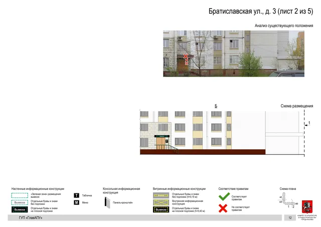 Архитектурная концепция размещения вывесок — Братиславская улица, 3, Москва, лист 2 из 5 · Документ по адресу · Архитектурно-художественная концепция · 2016 год