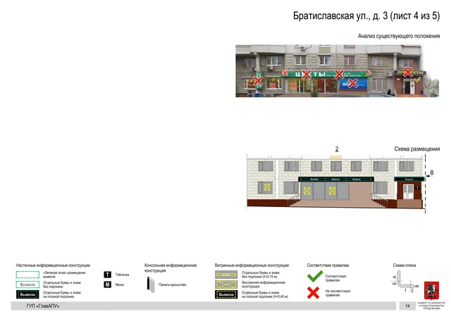 Архитектурная концепция размещения вывесок — Братиславская улица, 3, Москва, лист 4 из 5 · Документ по адресу · Архитектурно-художественная концепция · 2016 год