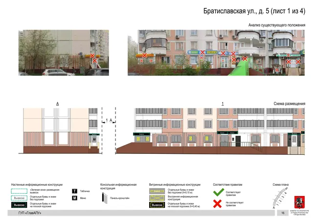 Архитектурная концепция размещения вывесок — Братиславская улица, 5, Москва, лист 1 из 4 · Документ по адресу · Архитектурно-художественная концепция · 2016 год