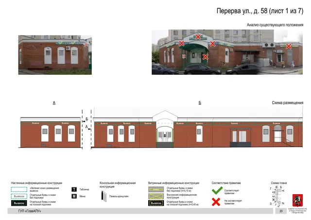 Архитектурная концепция размещения вывесок — Перерва улица, 58, Москва, лист 1 из 7 · Документ по адресу · Архитектурно-художественная концепция · 2016 год