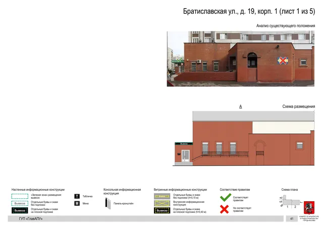 Архитектурная концепция размещения вывесок — Братиславская улица, 19, корп. 1, Москва, лист 1 из 5 · Документ по адресу · Архитектурно-художественная концепция · 2016 год