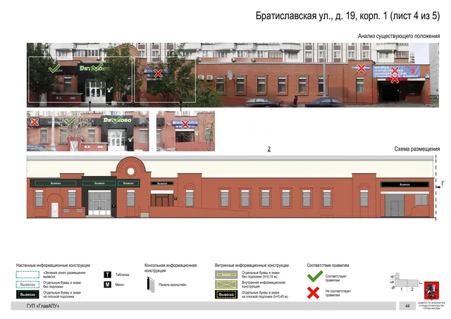 Архитектурная концепция размещения вывесок — Братиславская улица, 19, корп. 1, Москва, лист 4 из 5 · Документ по адресу · Архитектурно-художественная концепция · 2016 год