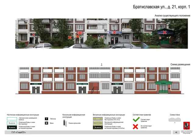 Архитектурная концепция размещения вывесок — Братиславская улица, 21, корп. 1, Москва, страница PDF 46 · Документ по адресу · Архитектурно-художественная концепция · 2016 год