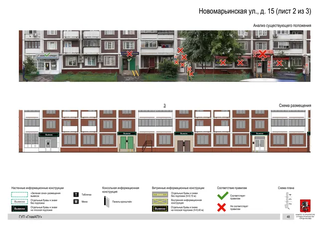 Архитектурная концепция размещения вывесок — Новомарьинская улица, 15, Москва, лист 2 из 3 · Документ по адресу · Архитектурно-художественная концепция · 2016 год