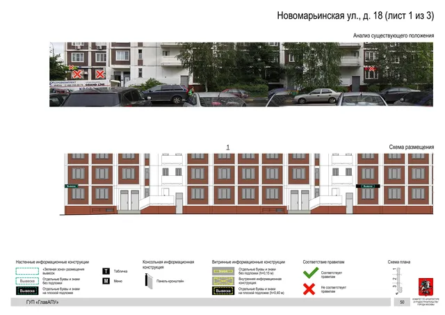 Архитектурная концепция размещения вывесок — Новомарьинская улица, 18, Москва, лист 1 из 3 · Документ по адресу · Архитектурно-художественная концепция · 2016 год