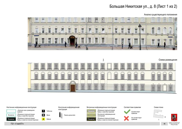 Большая Никитская ул., д. 8 (Лист 1 из 2) · PDF 48 Архитектурная концепция размещения вывесок — Большая никитская улица, 8, Москва, лист 1 из 2 · Документ по адресу · АХК № 50 от 26.02.2024