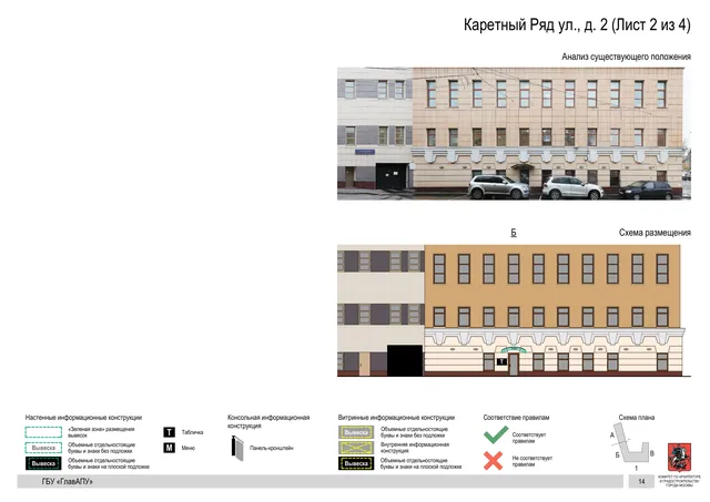 Архитектурная концепция размещения вывесок — Каретный ряд улица, 2, Москва, лист 2 из 4 · Документ по адресу · Архитектурно-художественная концепция · 2017 год