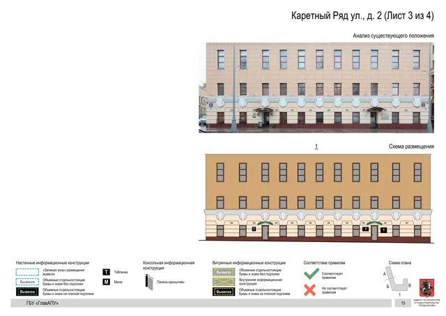 Архитектурная концепция размещения вывесок — Каретный ряд улица, 2, Москва, лист 3 из 4 · Документ по адресу · Архитектурно-художественная концепция · 2017 год