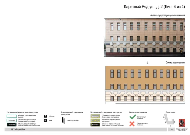 Архитектурная концепция размещения вывесок — Каретный ряд улица, 2, Москва, лист 4 из 4 · Документ по адресу · Архитектурно-художественная концепция · 2017 год