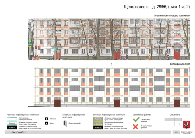 Архитектурная концепция размещения вывесок — Щелковское шоссе, 28/56, Москва, лист 1 из 2 · Документ по адресу · АХК № 2655 от 03.12.2025