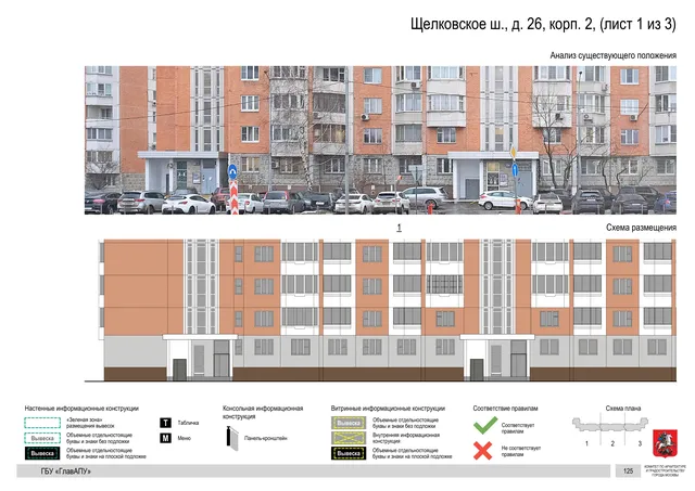 Щелковское ш., д. 26, корп. 2, (лист 1 из 3) · PDF 125 Архитектурная концепция размещения вывесок — Щелковское шоссе, 26, корп. 2, Москва, лист 1 из 3 · Документ по адресу · АХК № 2655 от 03.12.2025