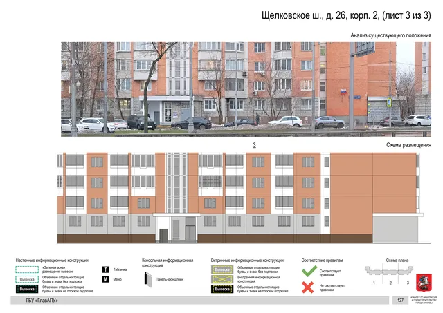 Щелковское ш., д. 26, корп. 2, (лист 3 из 3) · PDF 127 Архитектурная концепция размещения вывесок — Щелковское шоссе, 26, корп. 2, Москва, лист 3 из 3 · Документ по адресу · АХК № 2655 от 03.12.2025