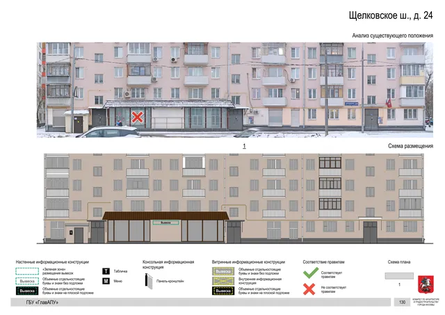 Щелковское ш., д. 24 · PDF 130 Архитектурная концепция размещения вывесок — Щелковское шоссе, 24, Москва, страница PDF 130 · Документ по адресу · АХК № 2655 от 03.12.2025