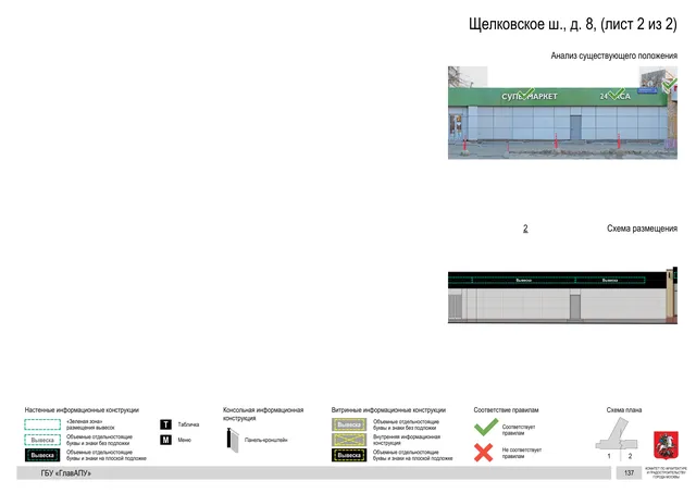 Щелковское ш., д. 8, (лист 2 из 2) · PDF 137 Архитектурная концепция размещения вывесок — Щелковское шоссе, 8, Москва, лист 2 из 2 · Документ по адресу · АХК № 2655 от 03.12.2025