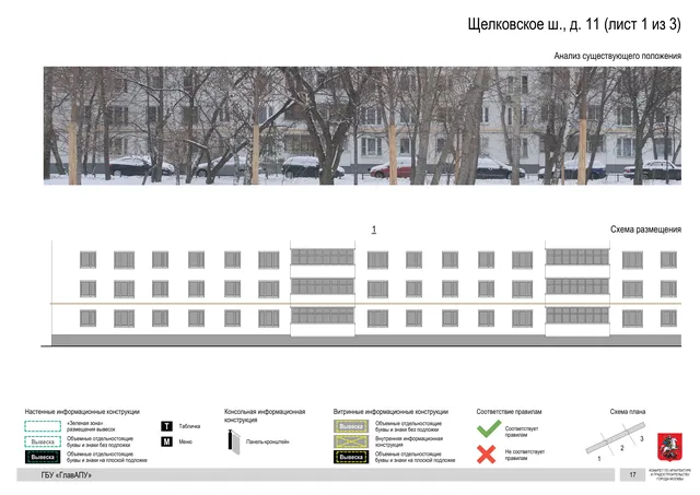 Щелковское ш., д. 11 (лист 1 из 3) · PDF 17 Архитектурная концепция размещения вывесок — Щелковское шоссе, 11, Москва, лист 1 из 3 · Документ по адресу · АХК № 2655 от 03.12.2025